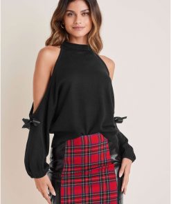Cold Shoulder Bow Sweater - Jet Black