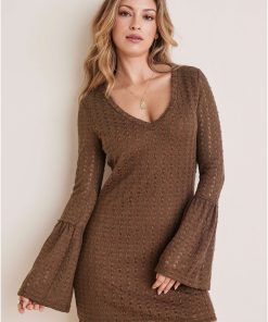 Bell Sleeve Pointelle Mini - Brown