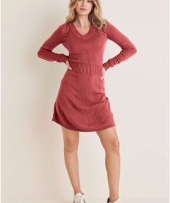 V-Neck Mini Sweater Dress - Mineral Red