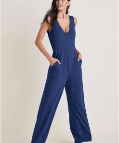 Relaxed V-Neck Jumpsuit - Dark Blue